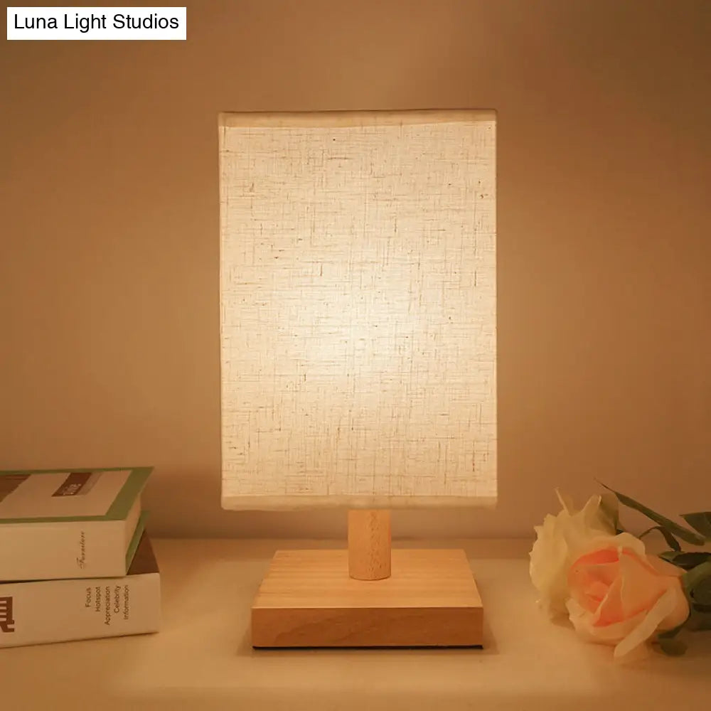 Country Style White Fabric Table Lamp With Wooden Base - Rectangular Shape Bedroom Lighting