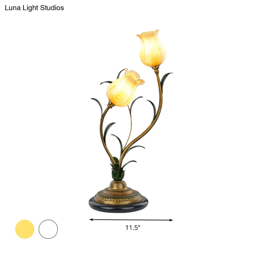 Countryside Blossom Table Lamp: White/Yellow Glass Night Light With Brass Accents For Living Room -