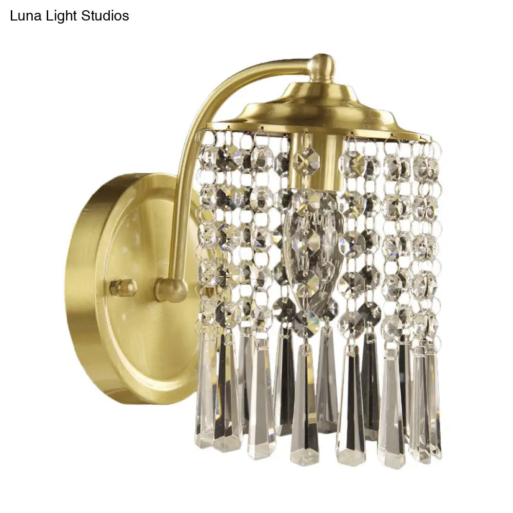 Countryside Brass Crystal Drip Sconce Wall Light With Cylinder Shade
