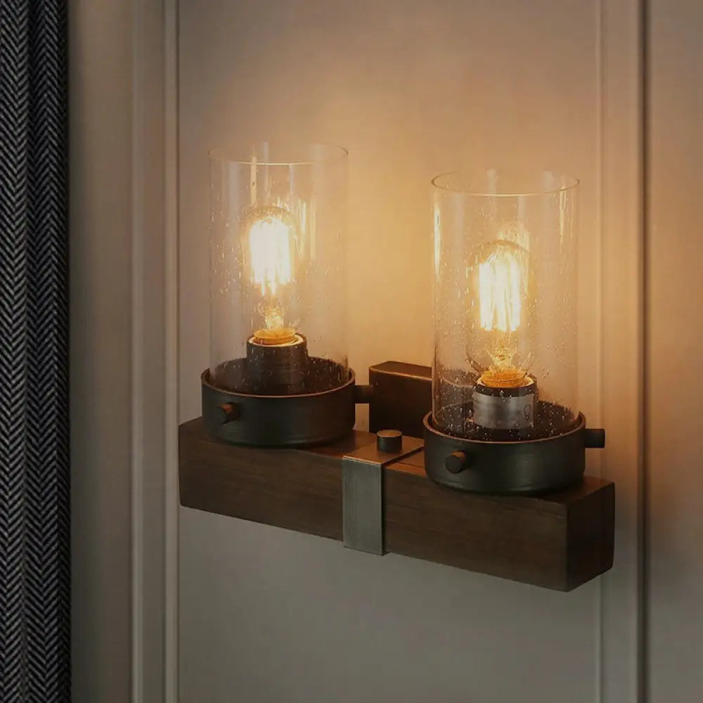 Countryside Cylindrical Wall Sconce Light - Clear Glass Lamp Fixture In Brown 2 /