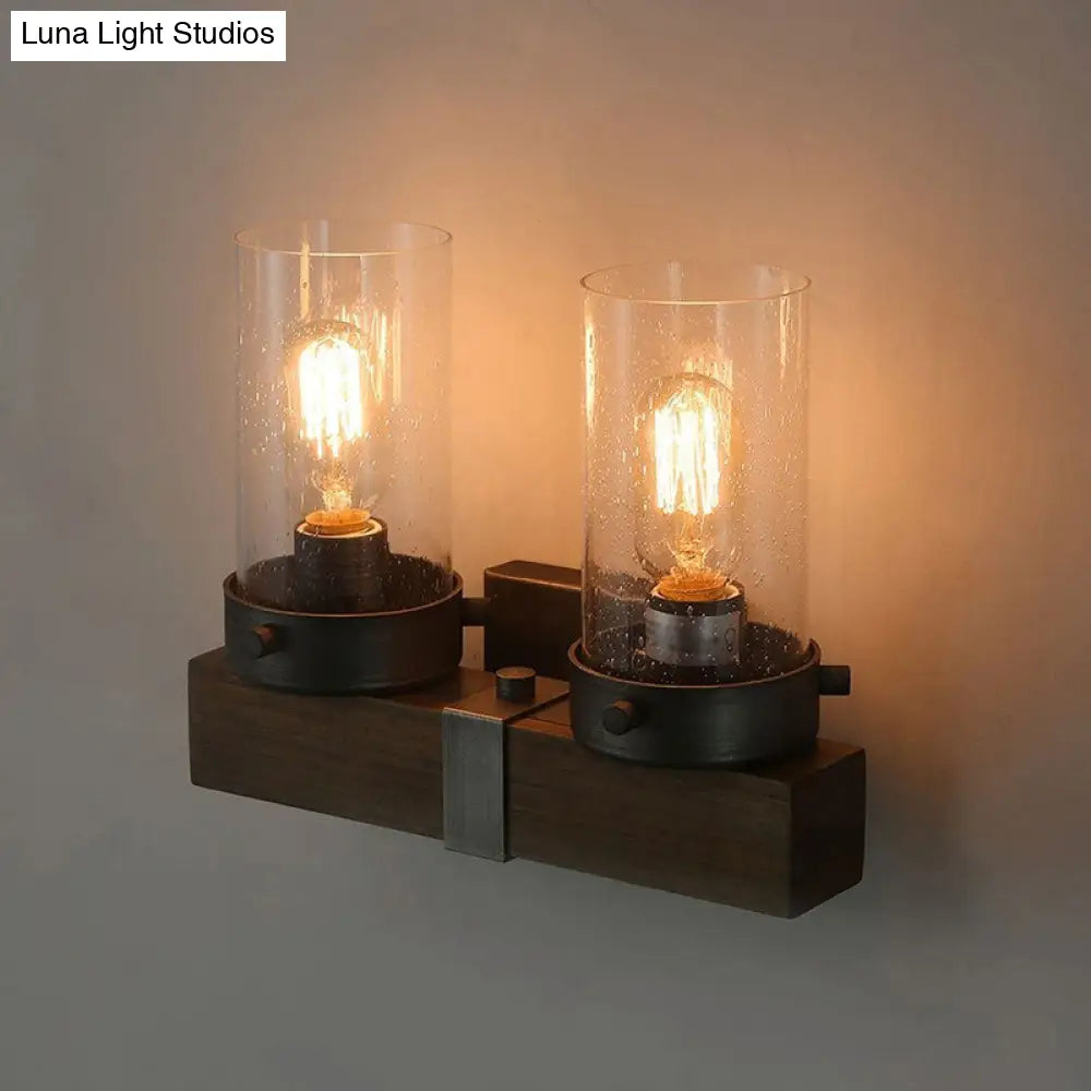 Countryside Cylindrical Wall Sconce Light - Clear Glass Lamp Fixture In Brown