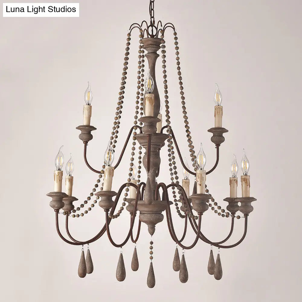 Countryside Distressed Wood Hanging Chandelier With Bead Strand Candelabra Design