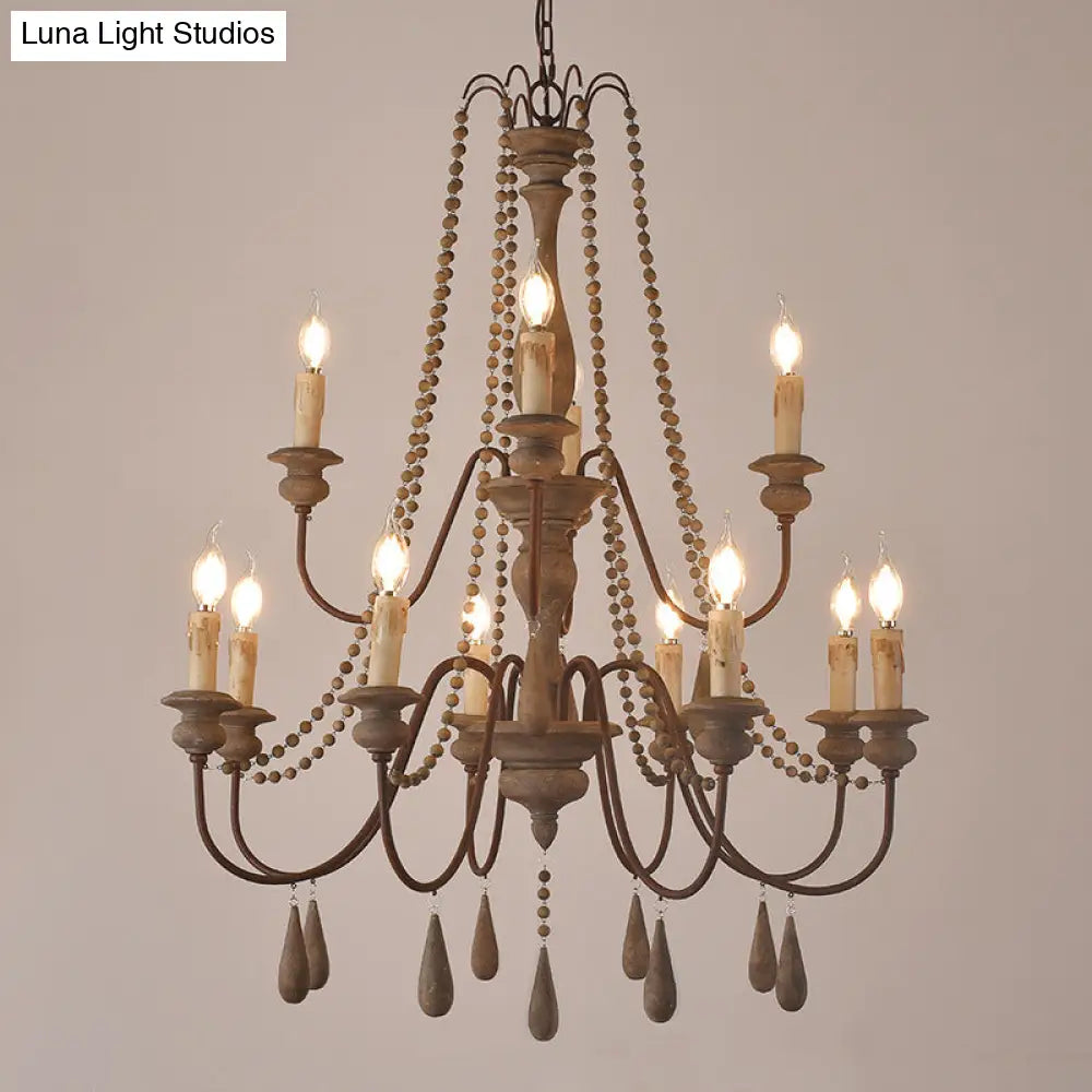 Countryside Distressed Wood Hanging Chandelier With Bead Strand Candelabra Design