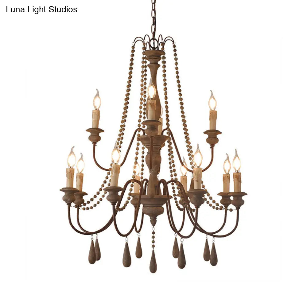 Countryside Distressed Wood Hanging Chandelier With Bead Strand Candelabra Design