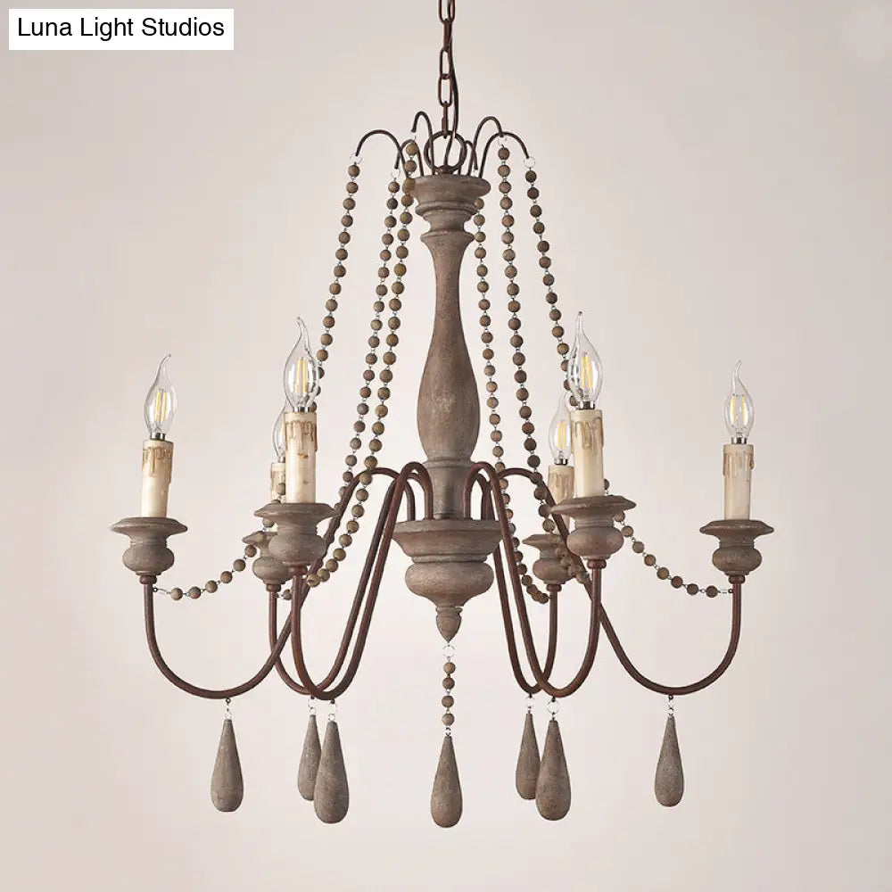 Countryside Distressed Wood Hanging Chandelier With Bead Strand Candelabra Design