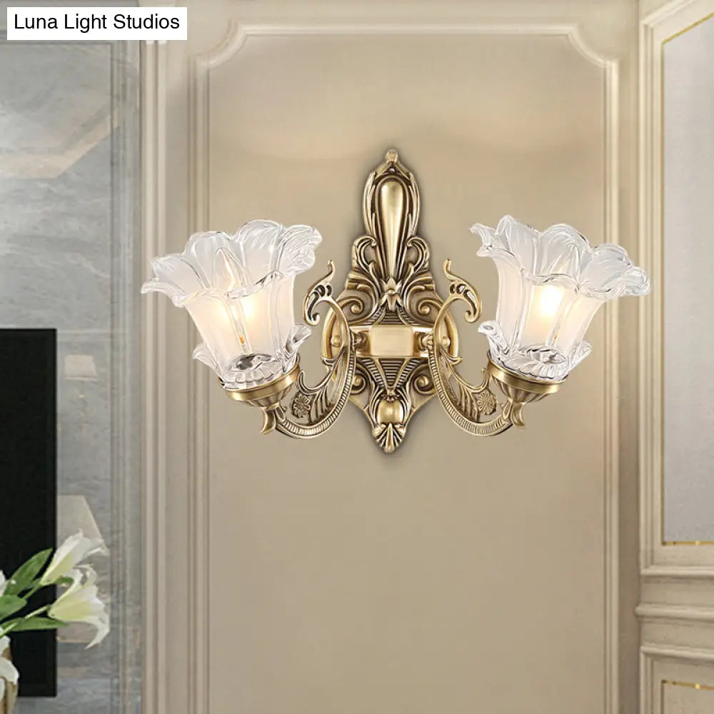 Countryside Flower Shaped Wall Lamp With Clear Ridged Glass And Brass Bulbs