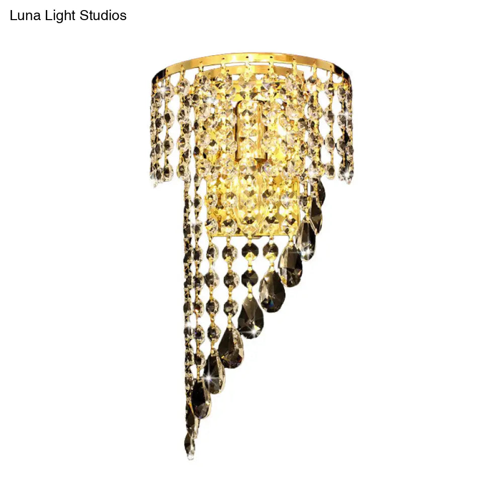 Countryside Gold Wall Sconce With Crystal Chain And Swirling 1-Head Design