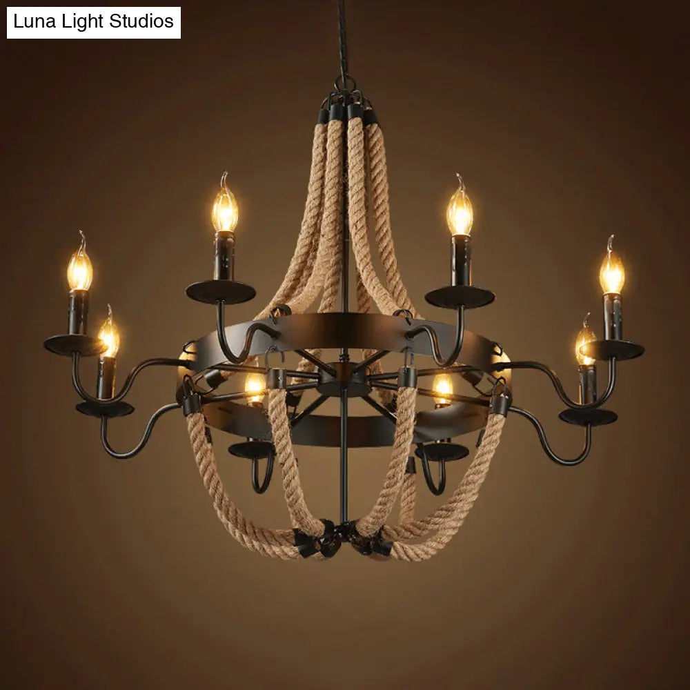 Countryside Hanging Chandelier With 6/8 Brown Bulbs And Hemp Rope Basket Pendant Design