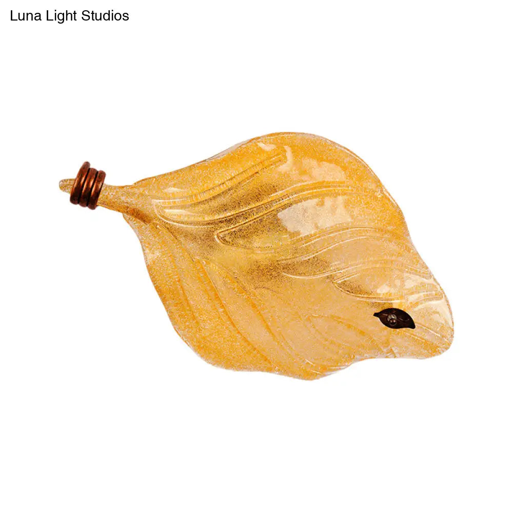 Countryside Leaf Shaped Ceiling Flush Mount Yellow Glass Hallway Light Fixture With 2 Lights