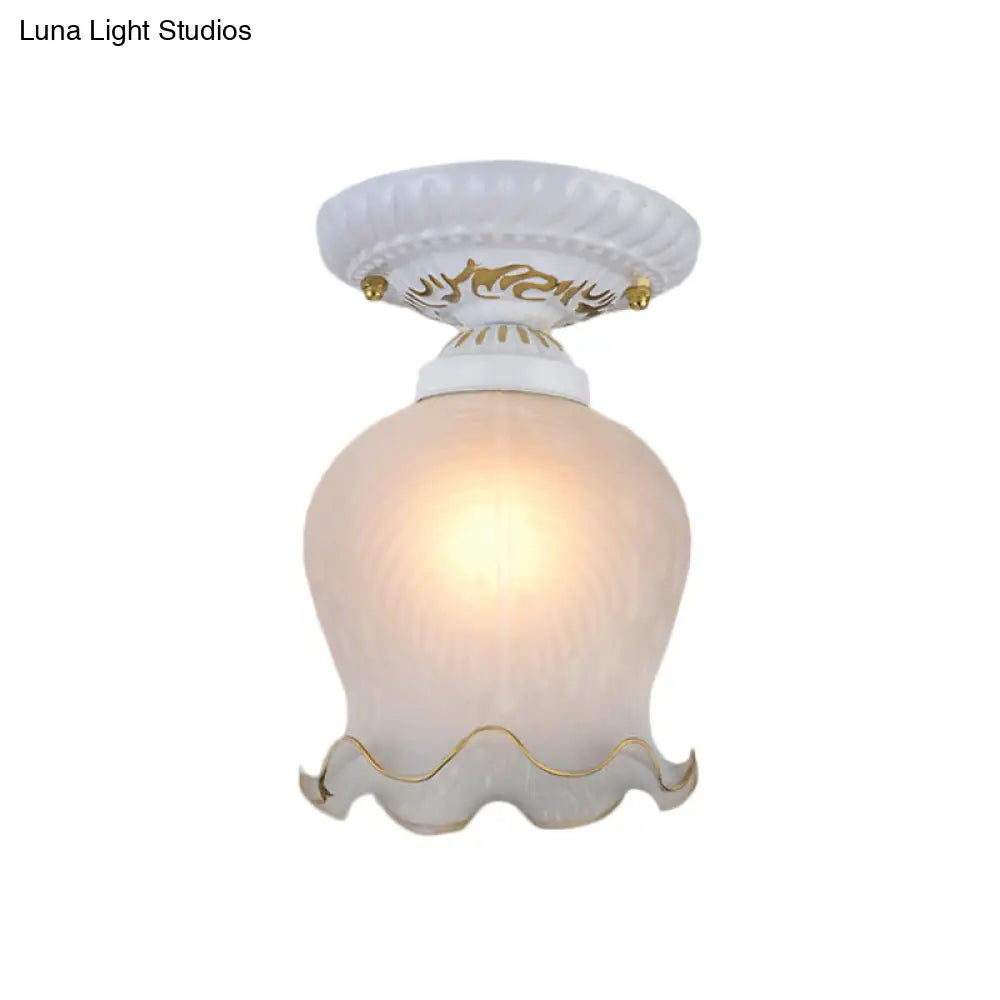 Countryside Scalloped Ceiling Flush Light Fixture In White - Ribbed Opal Glass 1 Bulb