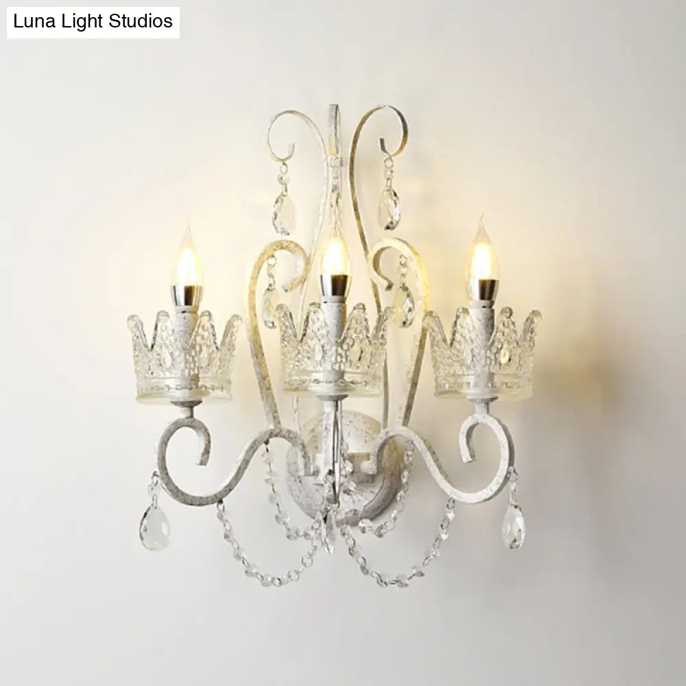 Crown Swirled Arm Crystal White Wall Mount Light - Elegant Traditional Living Room Fixture