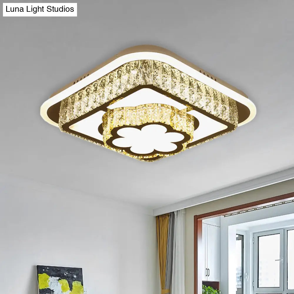 Crystal - Encrusted Led Flushmount Ceiling Light For Bedroom - Modernist White Square And