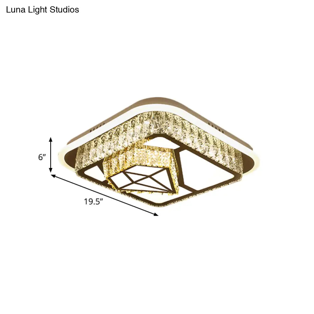Crystal - Encrusted Led Flushmount Ceiling Light For Bedroom - Modernist White Square And