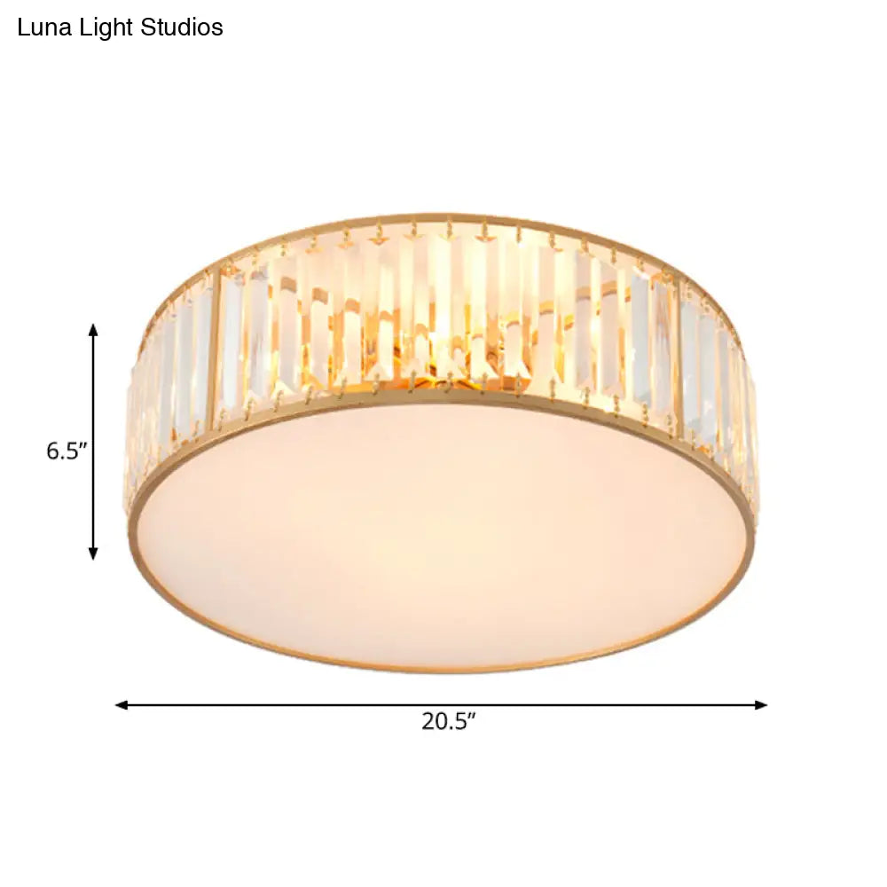 Crystal Flush Mount Lighting With Drum Shade - Gold 3/4/5 Lights 12.5’/16.5’/20.5’ Wide