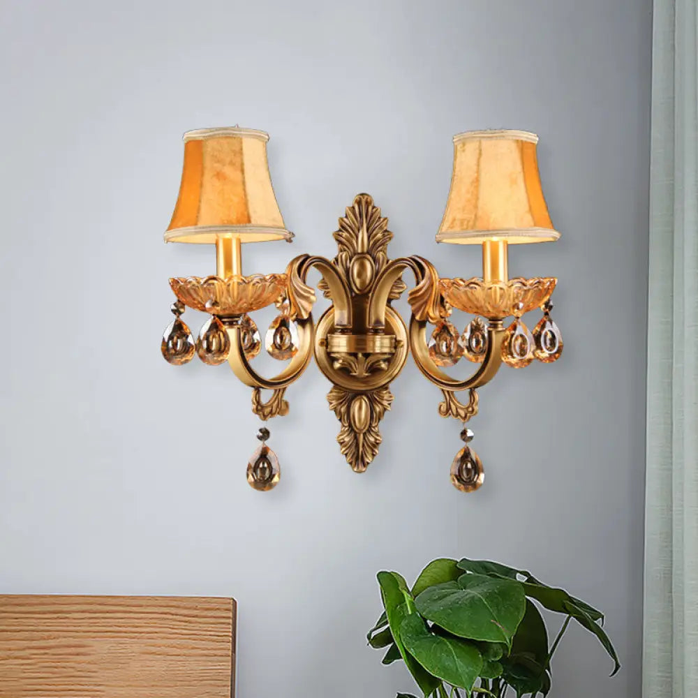 Crystal Raindrop Fabric Sconce: Countryside Brass Wall Lighting For Bedroom