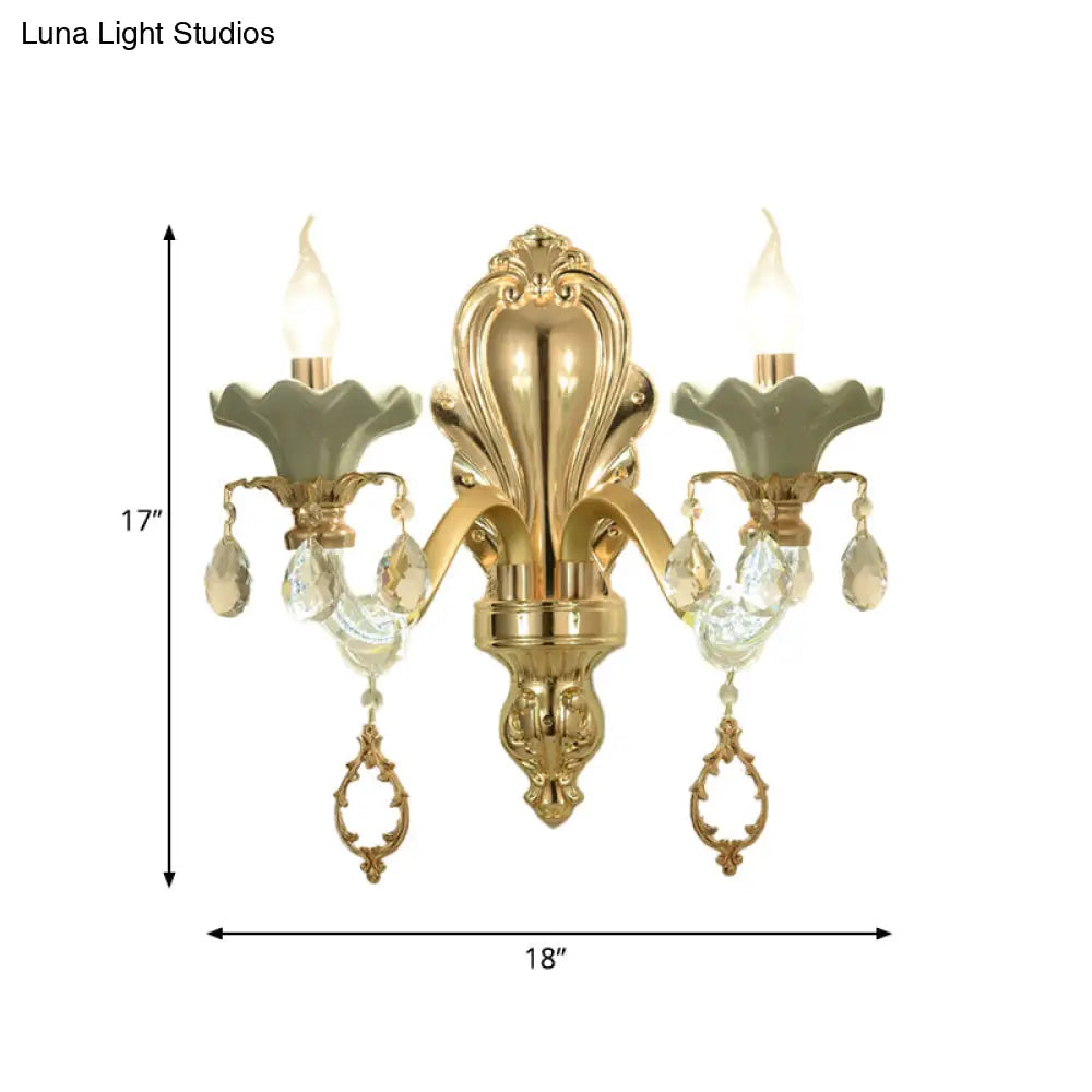 Crystal Wall Mount Candle Light Fixture In Elegant Gold Finish