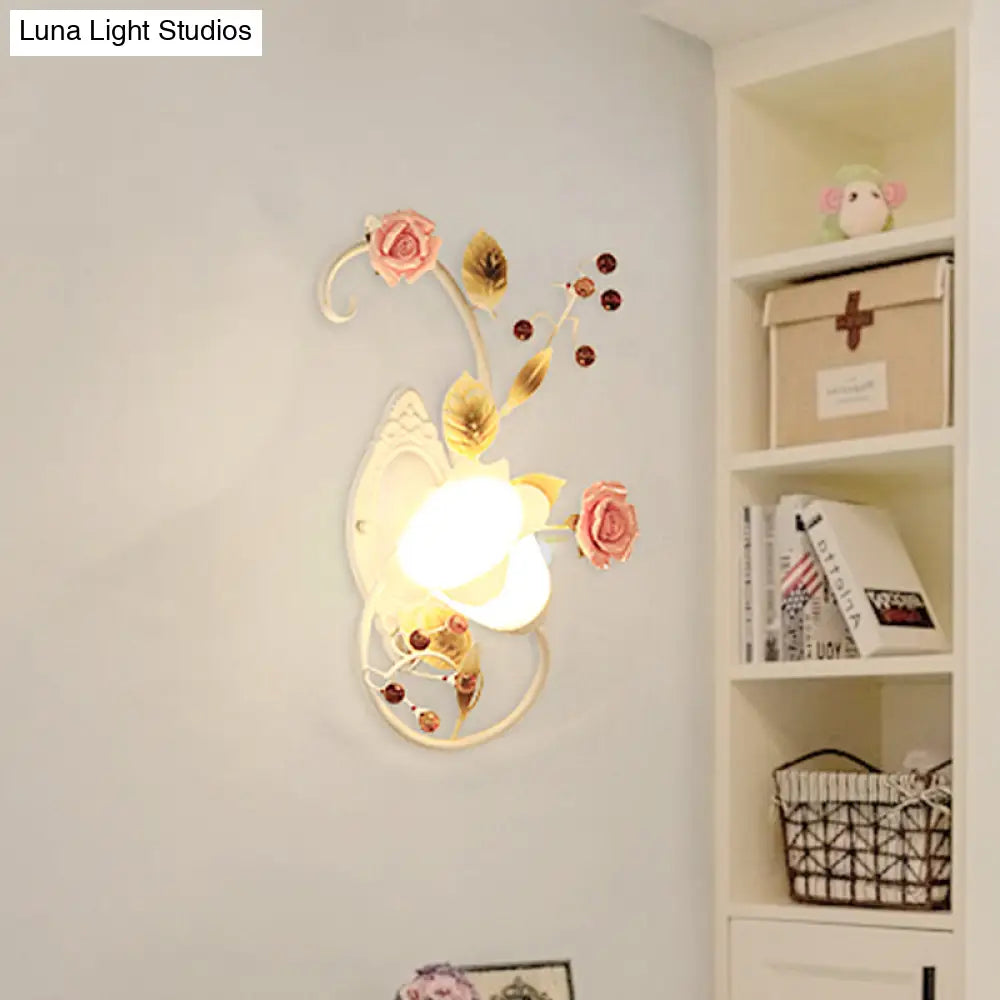 Curved Arm Sconce Light With Metal Rose Design White - Left/Right For Living Room