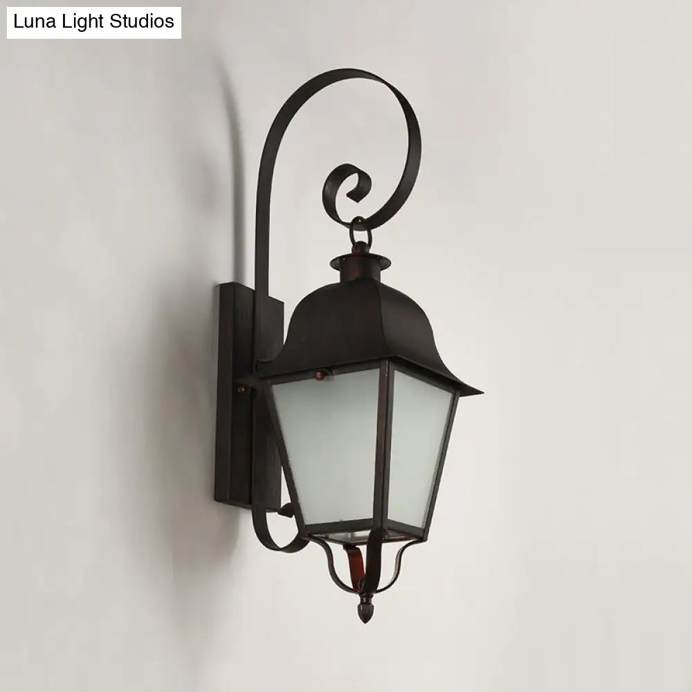 Curvy Cottage Wall Lamp With Lantern Frosted Glass Shade - Black 1-Light Metallic Sconce