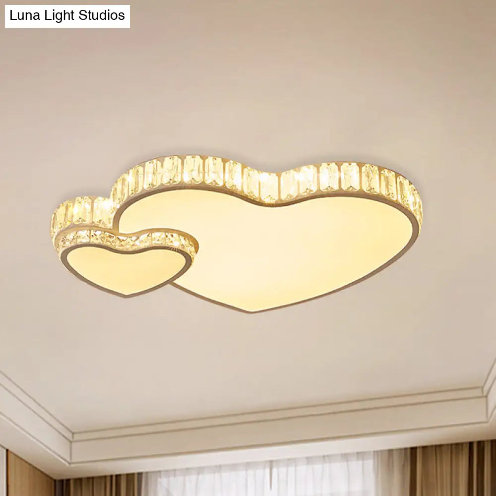 Cut Crystal Led Flush Mount Recessed Lighting In White - Minimalist Dual Heart Design