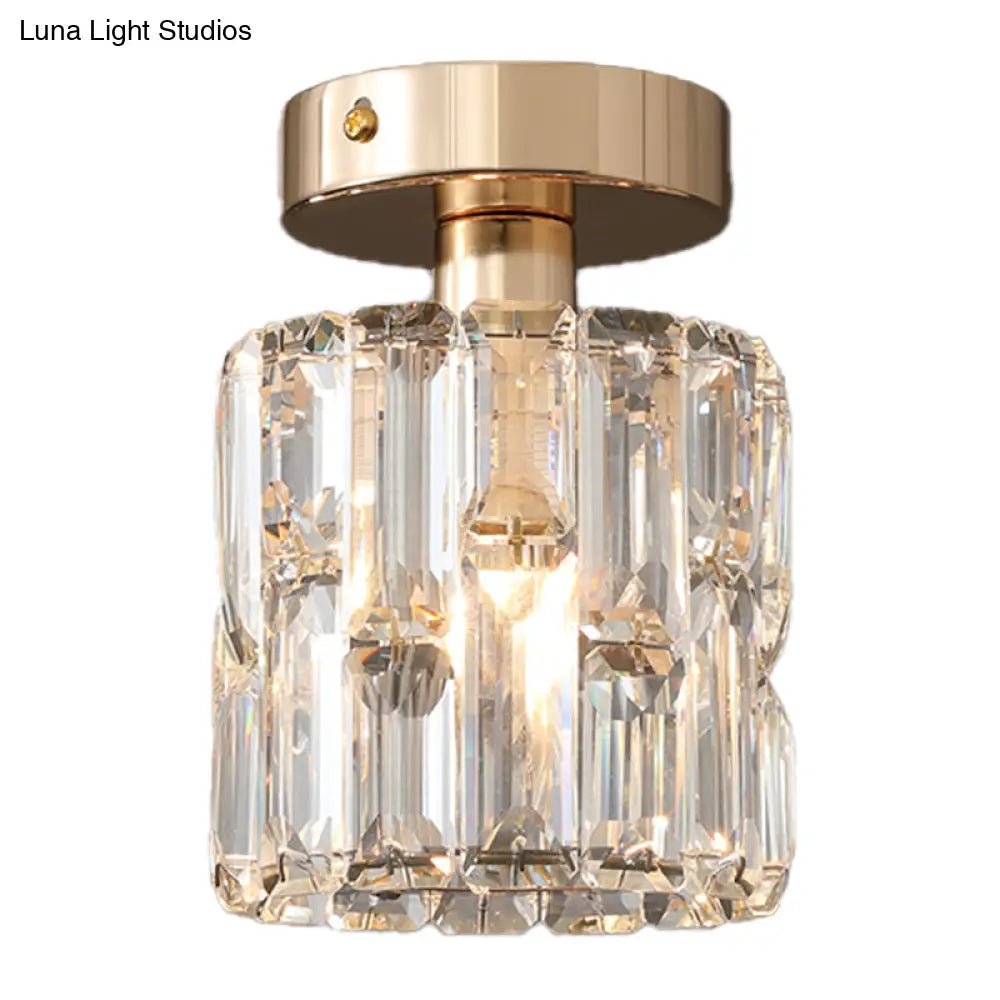 Cylinder Crystal Semi Flush Mount Ceiling Light In Clear/Smoke Grey - Small Bulb