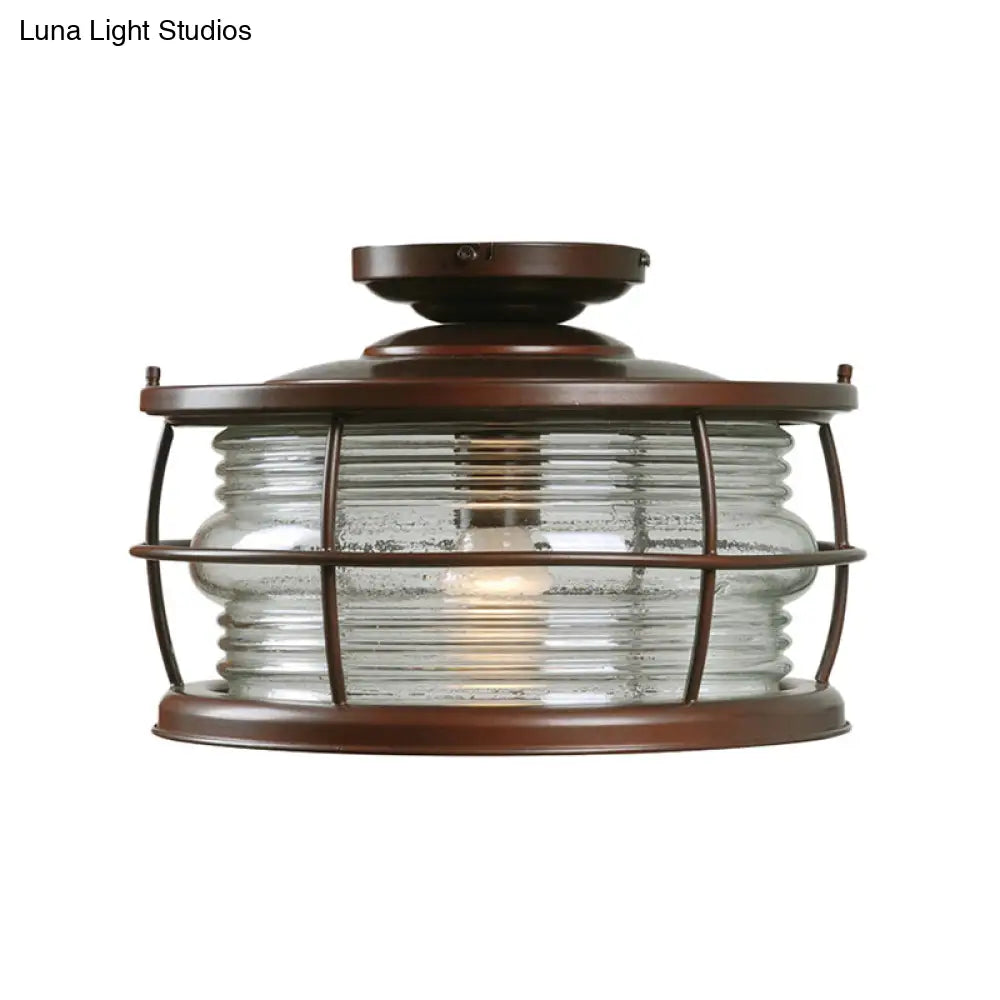 Dark Coffee Caged Metal Semi Mount Ceiling Light For Classic Living Room 1-Light