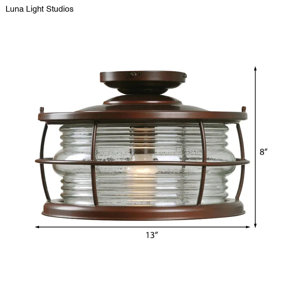 Dark Coffee Caged Metal Semi Mount Ceiling Light For Classic Living Room 1-Light
