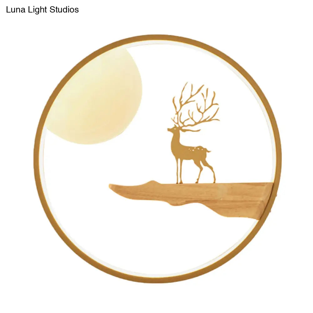 Deer And Moon Asian Led Wall Light With Wood Frame - Black/Beige