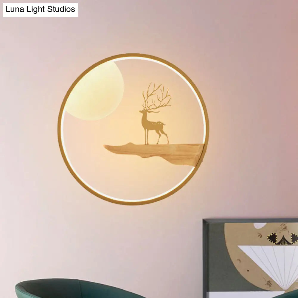 Deer And Moon Asian Led Wall Light With Wood Frame - Black/Beige
