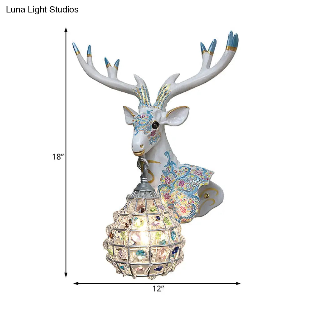 Deer Sconce 1-Light Resin Wall Mount Lighting In Black/Pink/Yellow With Crystal Shade - Bedroom