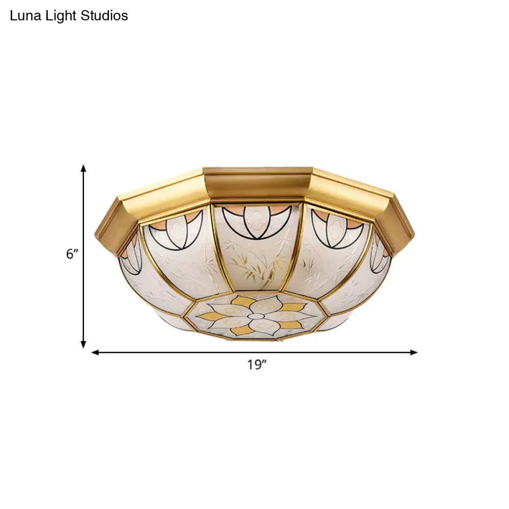 Dining Room Ceiling Light Fixture - 4 - Light Flush Mount In Colonial Brass With Frosted Glass