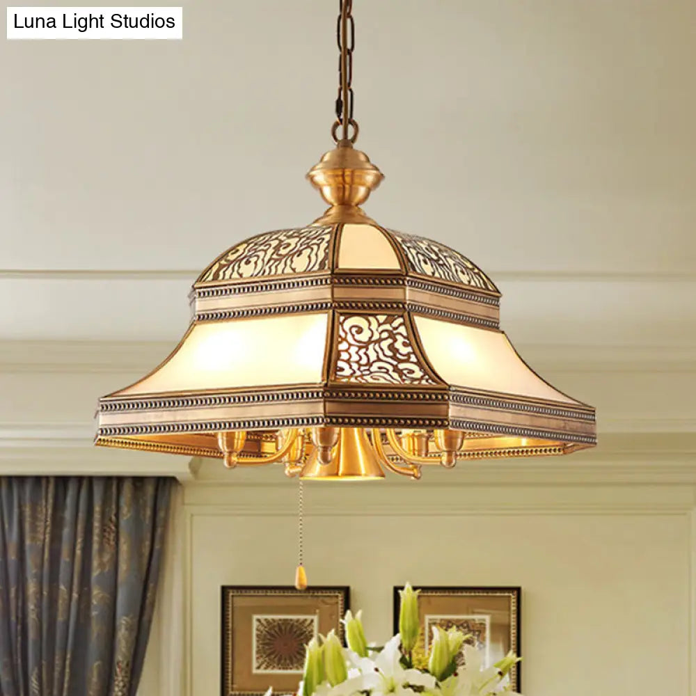 Dining Room Colonial Chandelier - Bell Mouth Blown Opal Glass 5 Heads Gold Hanging Light Fixture