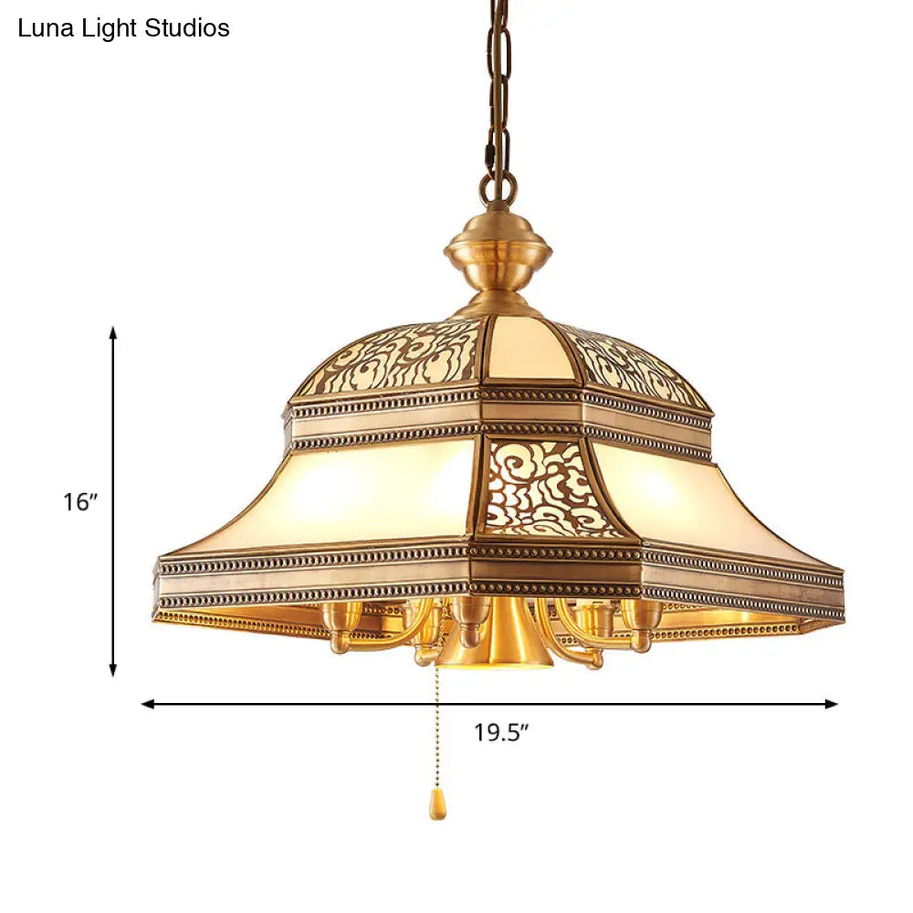Dining Room Colonial Chandelier - Bell Mouth Blown Opal Glass 5 Heads Gold Hanging Light Fixture
