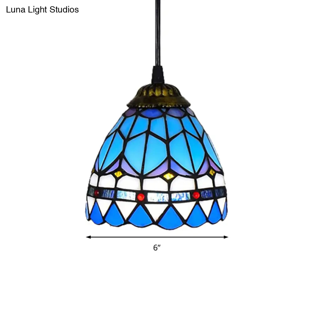 Dining Table Hanging Lights - Floral Shade Pendant Ceiling Lamp In Blue With Tiffany Style Art Glass