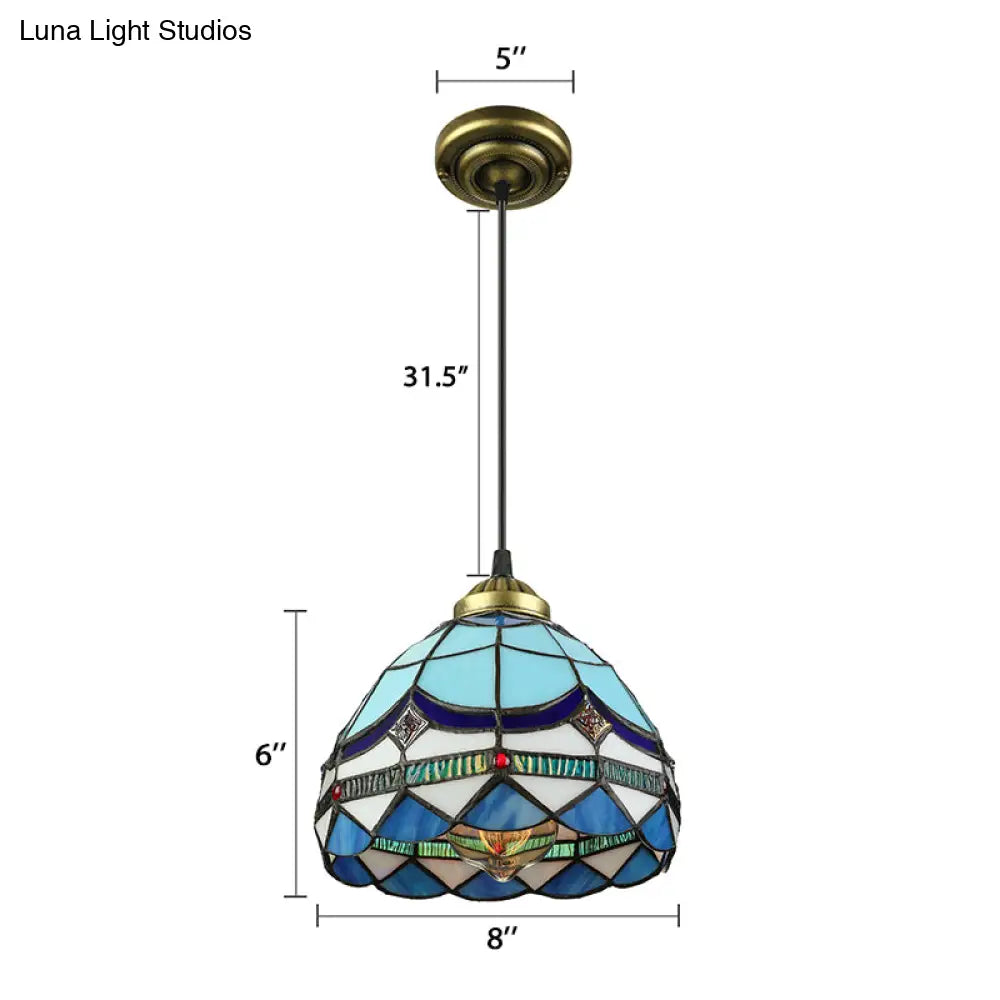 Dining Table Hanging Lights - Floral Shade Pendant Ceiling Lamp In Blue With Tiffany Style Art Glass