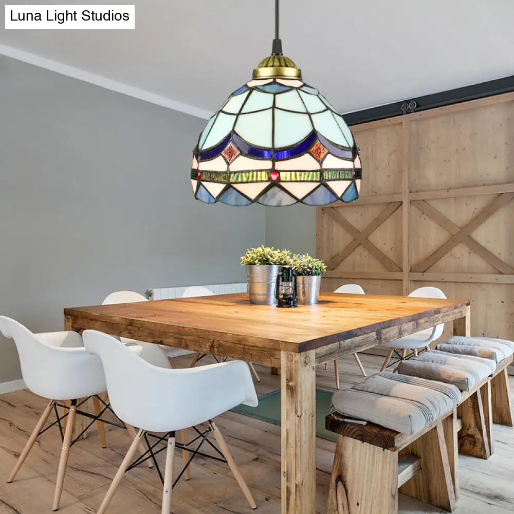 Dining Table Hanging Lights - Floral Shade Pendant Ceiling Lamp In Blue With Tiffany Style Art Glass