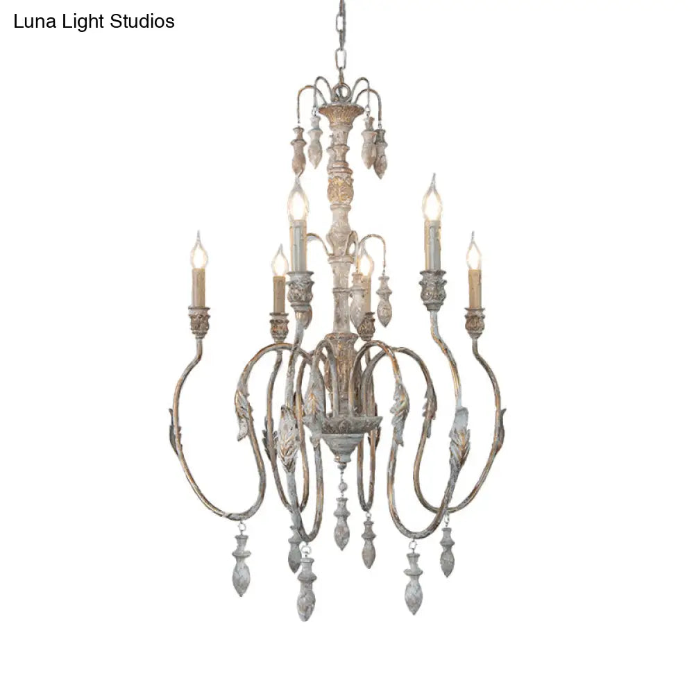 Distressed Wood Pendant Chandelier With Droplet - Classic Lighting For Living Room