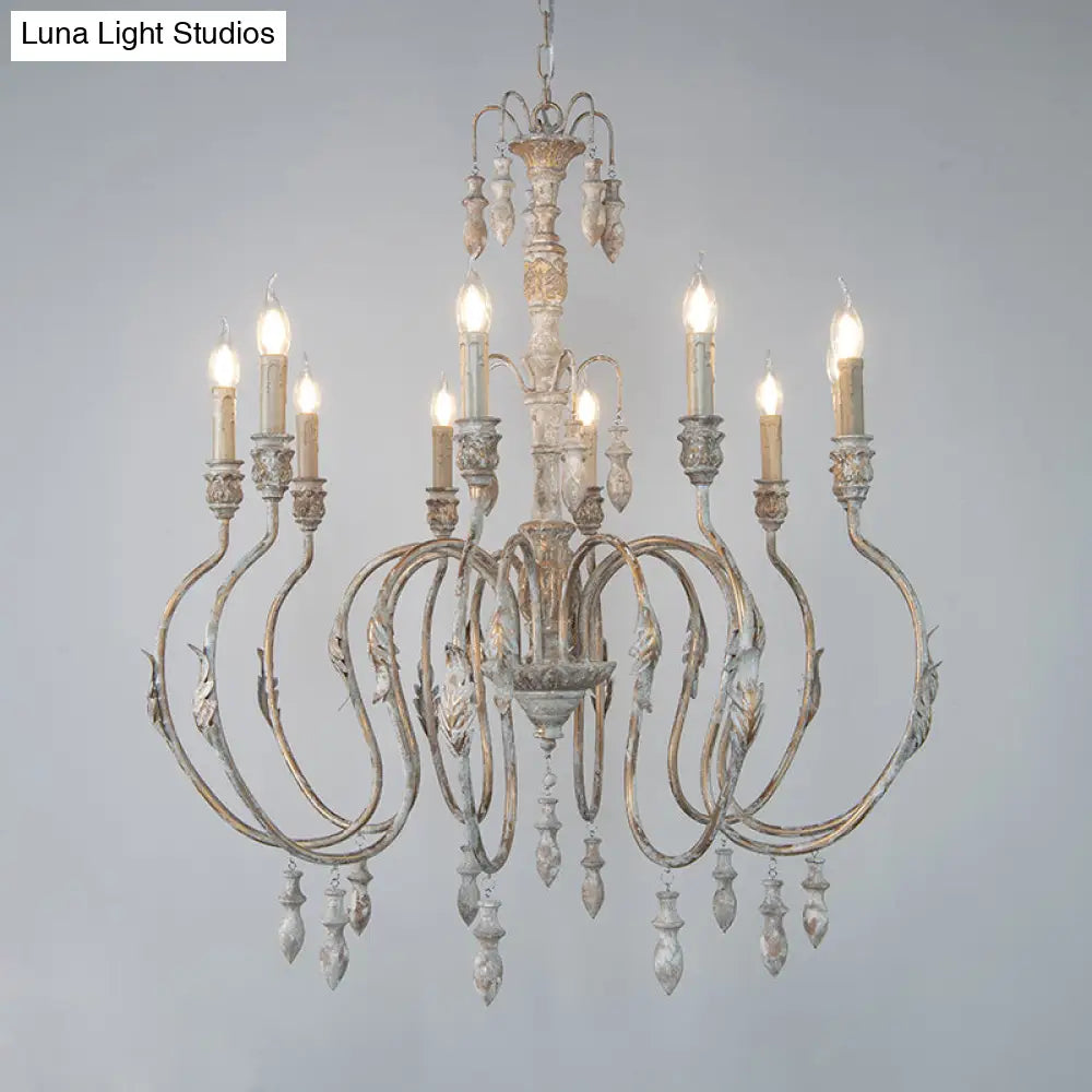Distressed Wood Pendant Chandelier With Droplet - Classic Lighting For Living Room