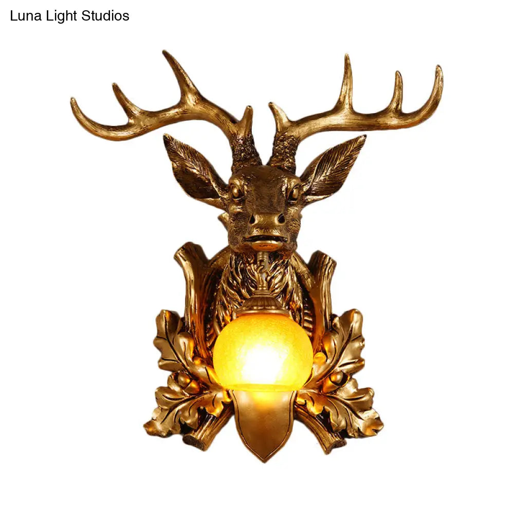 Dome Amber Glass Sconce Wall Lamp With Deer Head Backplate - Rural Lighting For Sitting Room 12/19.5