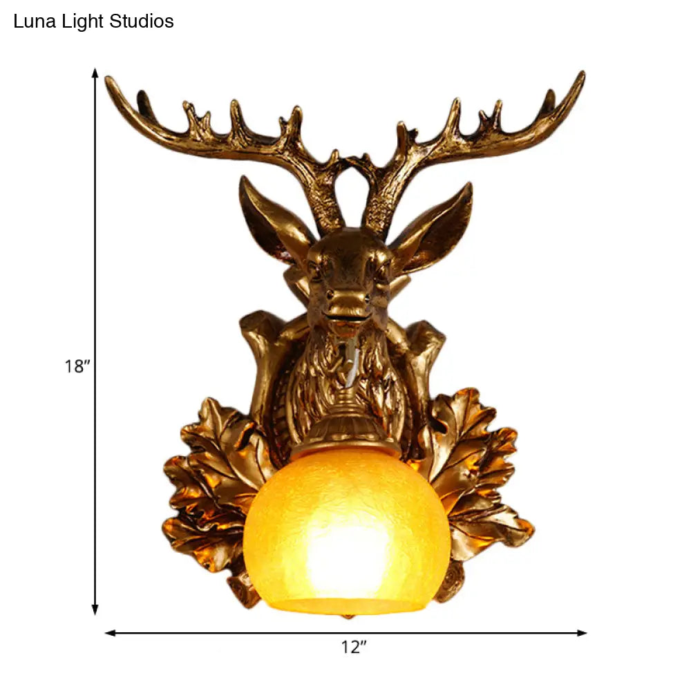 Dome Amber Glass Sconce Wall Lamp With Deer Head Backplate - Rural Lighting For Sitting Room 12/19.5