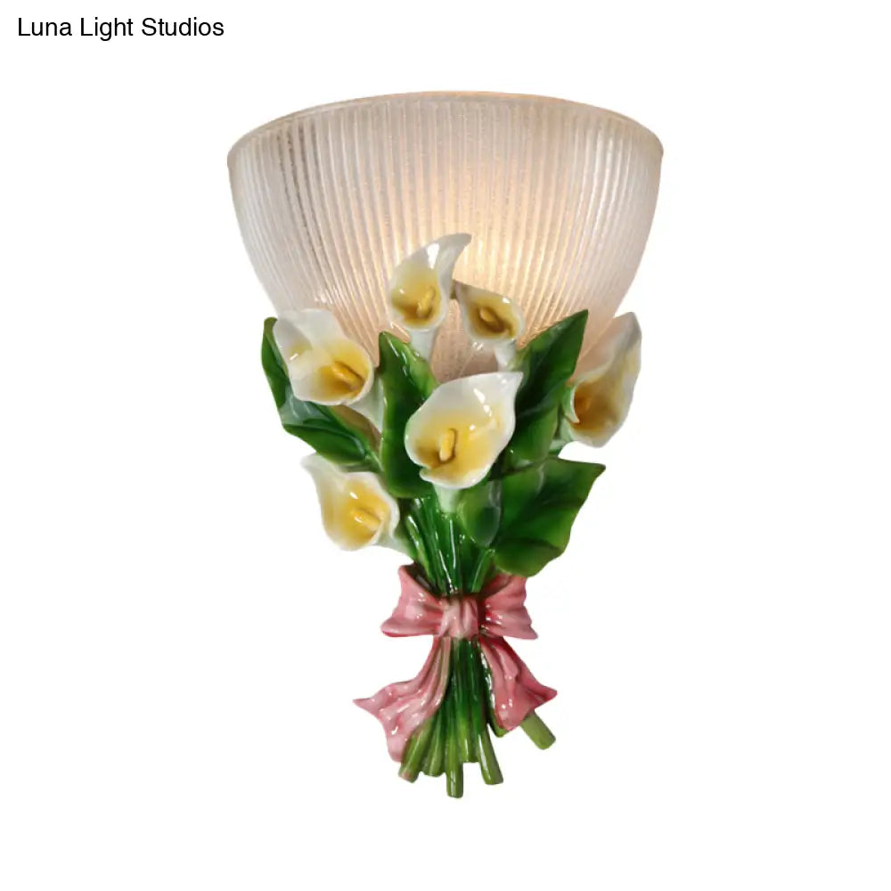 Dome Shaped Modern Wall Lamp With Ribbed Glass White Sconce Lighting And Green Bouquet Detail