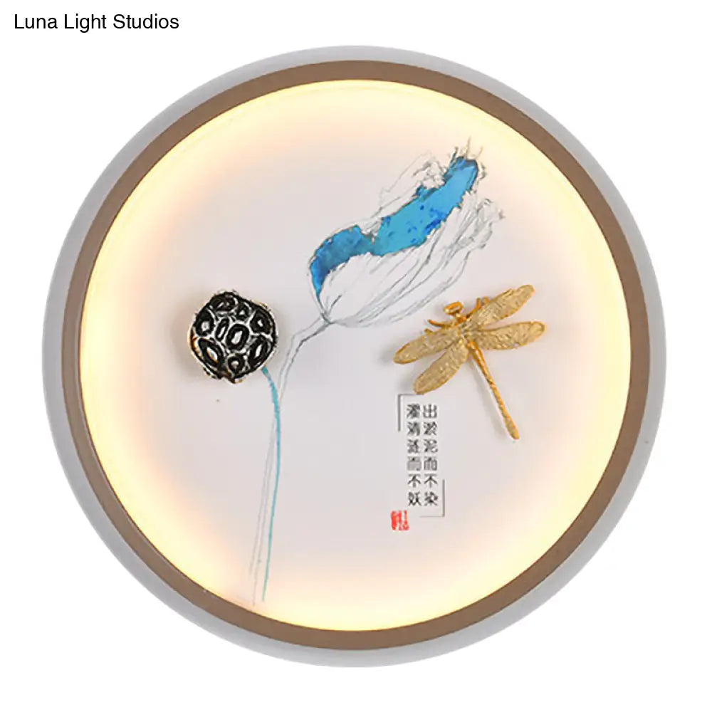 Dragonfly Led Wall Lamp In Asian Style: Yellow And Blue Circle Metallic Mural For Hallway Lighting