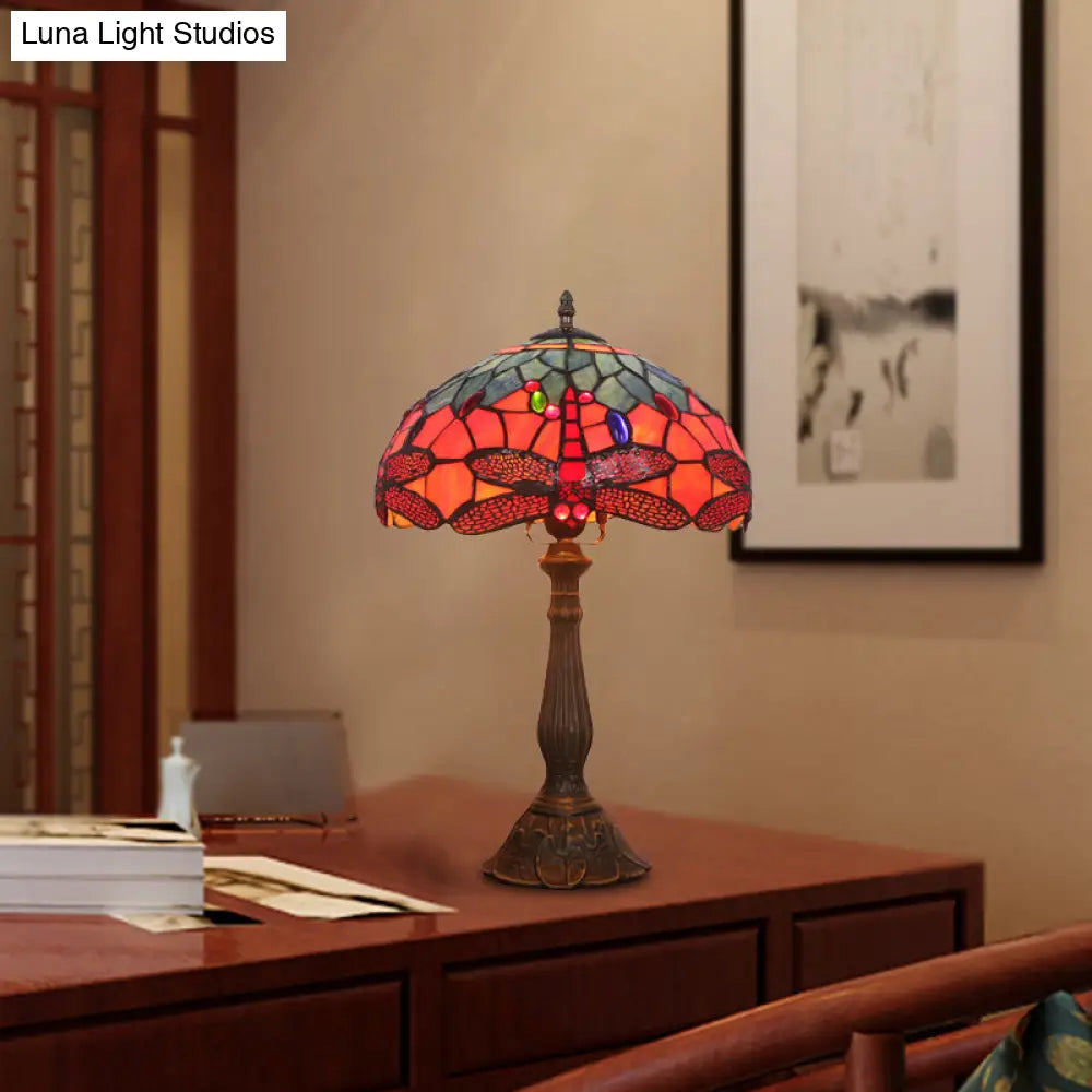 Dragonfly Patterned Tiffany Stained Glass Nightstand Light In Bronze