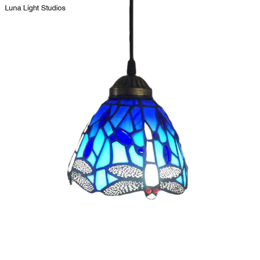 Dragonfly Stained Glass Pendant Light - Traditional Classic 1 Head Blue Small For Bar