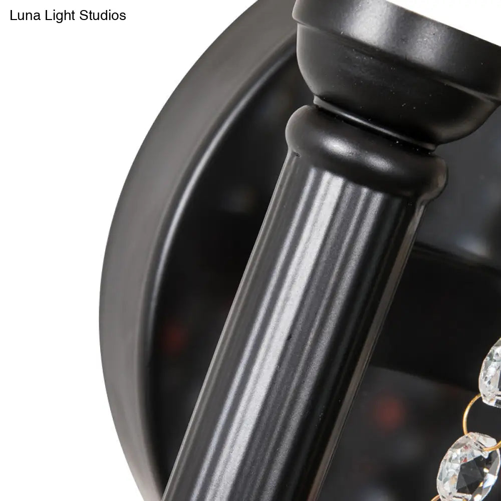 Drum Wall Sconce: Lodge Style Fabric Lamp With Crystal Bead Detail 2 Bulbs And U-Shaped Arm In Black