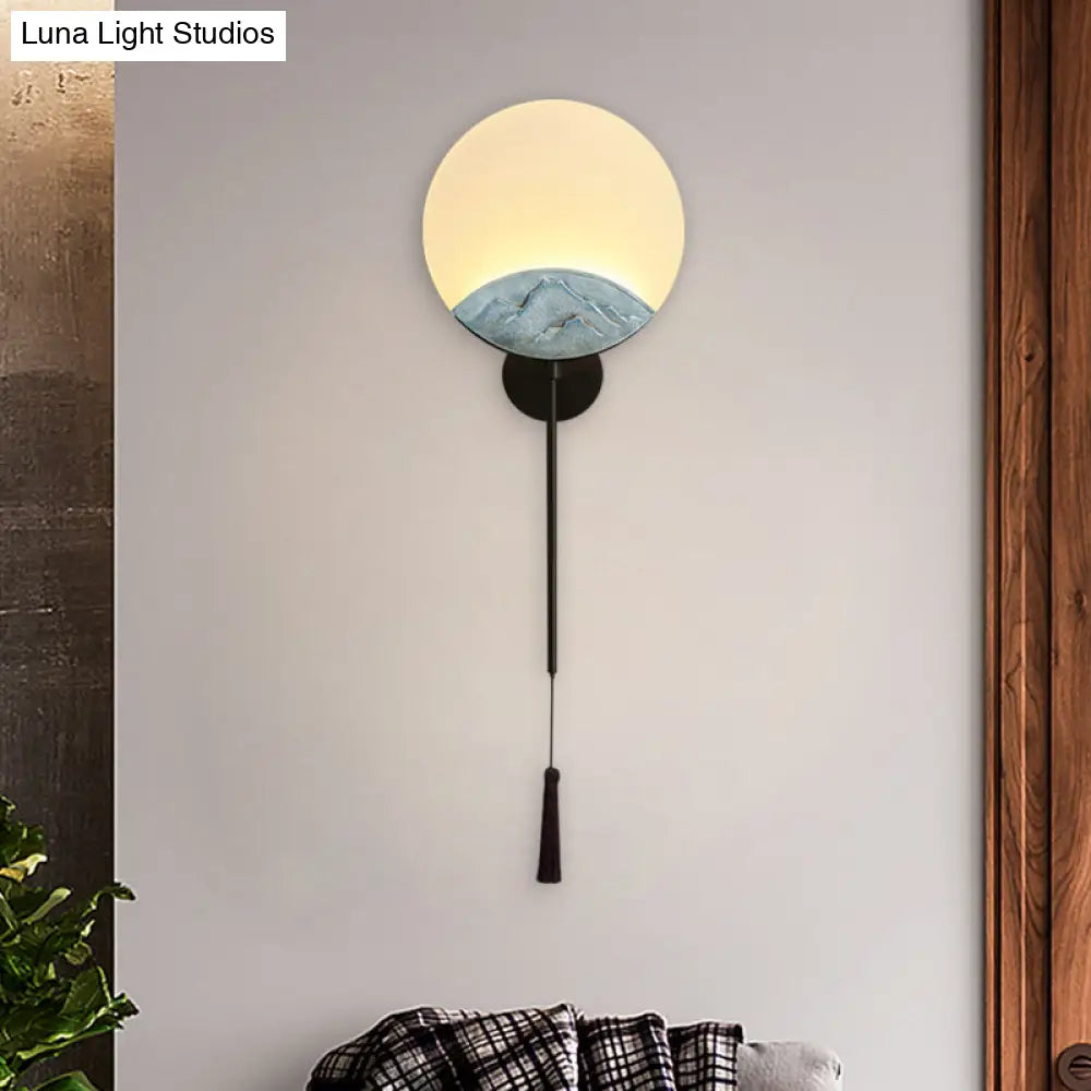 Elegant Oval Corridor Mountain Wall Mural Led Oriental Style Light Fixture In Silver/Brown