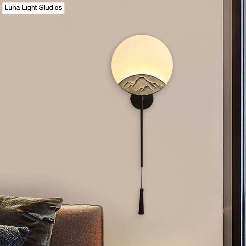 Elegant Oval Corridor Mountain Wall Mural Led Oriental Style Light Fixture In Silver/Brown
