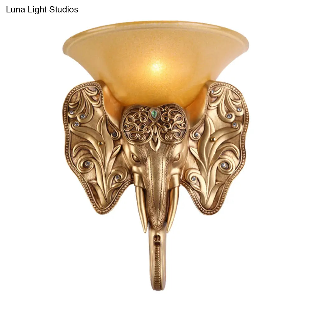 Elephant Head Design Wall Lamp - Gold Single Light Warehouse Amber Glass Bell Lighting Fixture