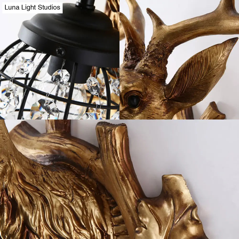 Ellipsoid Crystal Sconce With Gold Antler Backplate - Living Room Wall Mount Lighting For Farmhouse