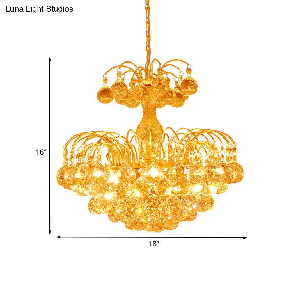 European Conic 6-Light Chandelier: Gold Suspension Pendant With Crystal Bead Accents
