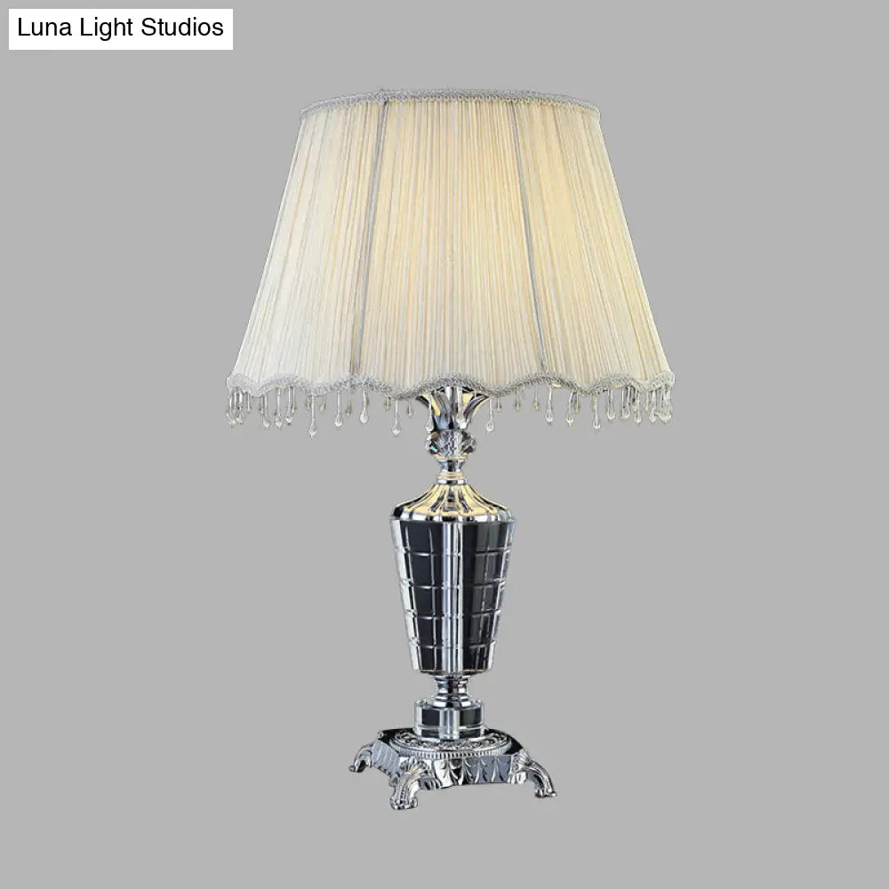 Fabric Night Table Lamp With Crystal Draping - Traditional White Empire Shade